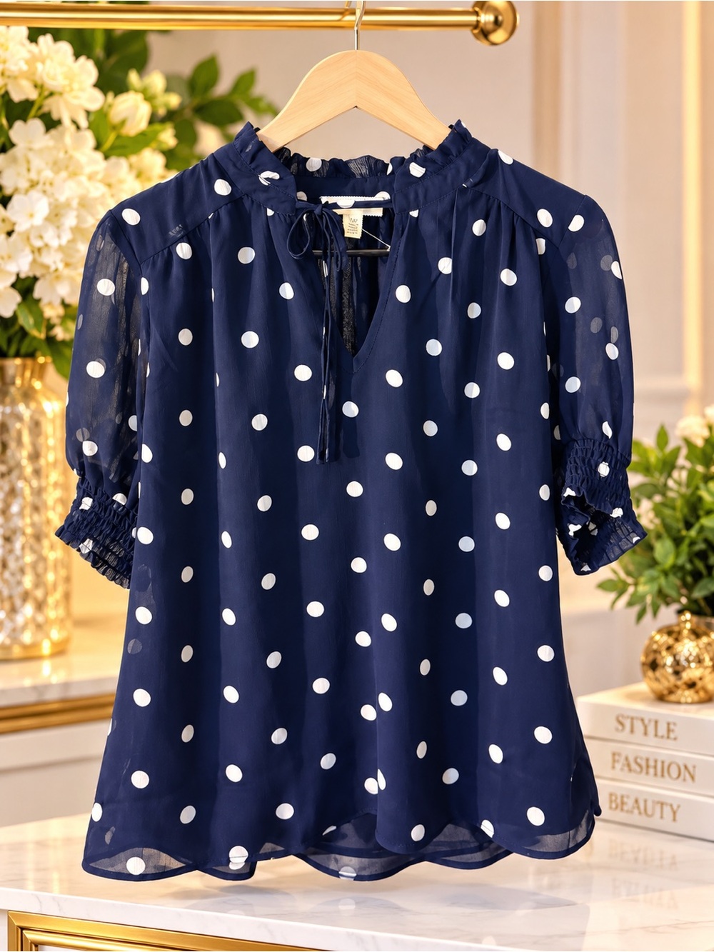 Navy Polka Dot Tie-Neck Blouse - White Dot